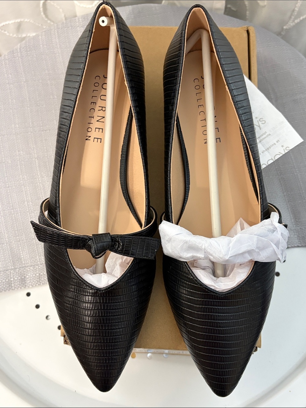 Journee Collection Black  “Cait” Pointed Bow Flats with Textured Faux-Leather 8